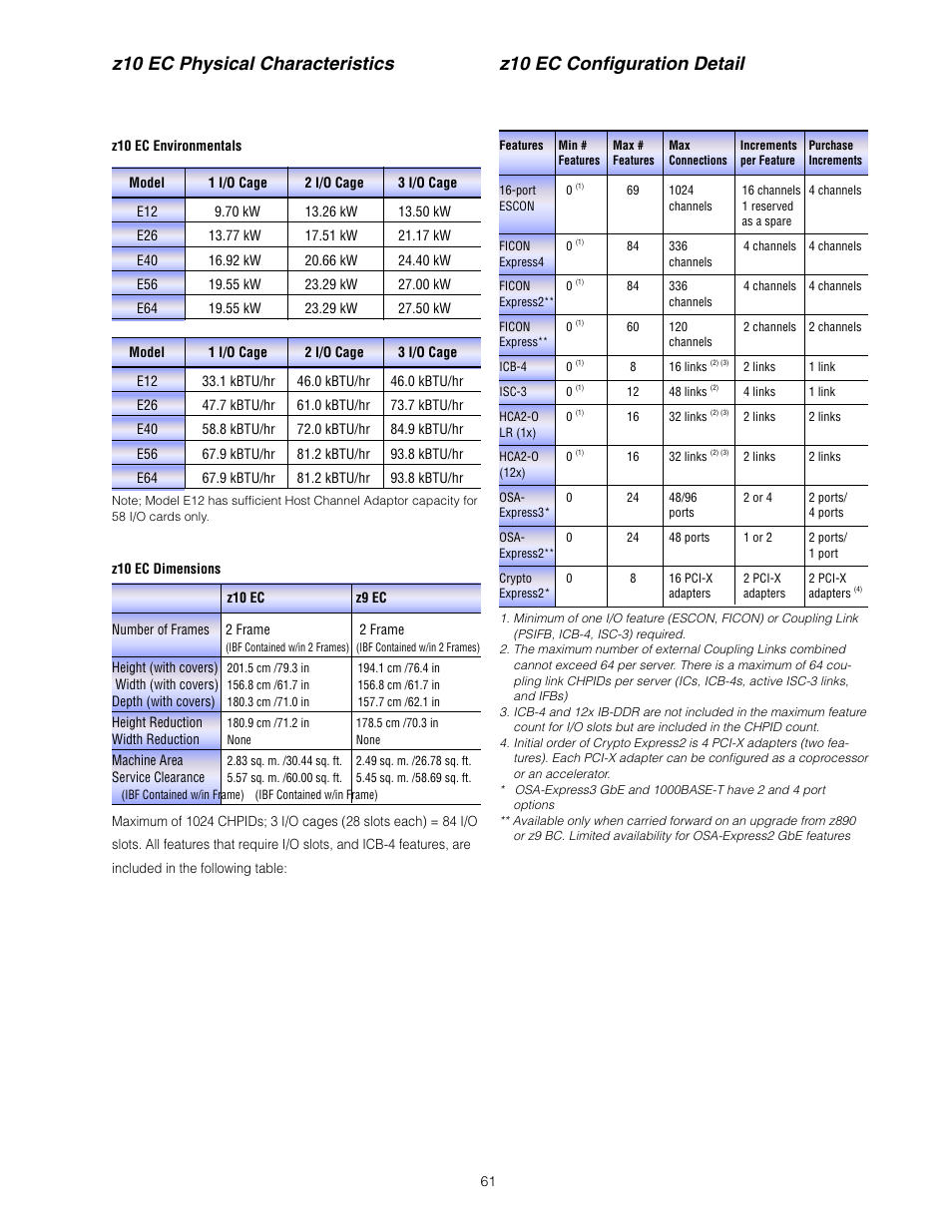Z10 ec confi guration detail, Z10 ec physical characteristics | IBM Z10 EC User Manual | Page 61 / 67