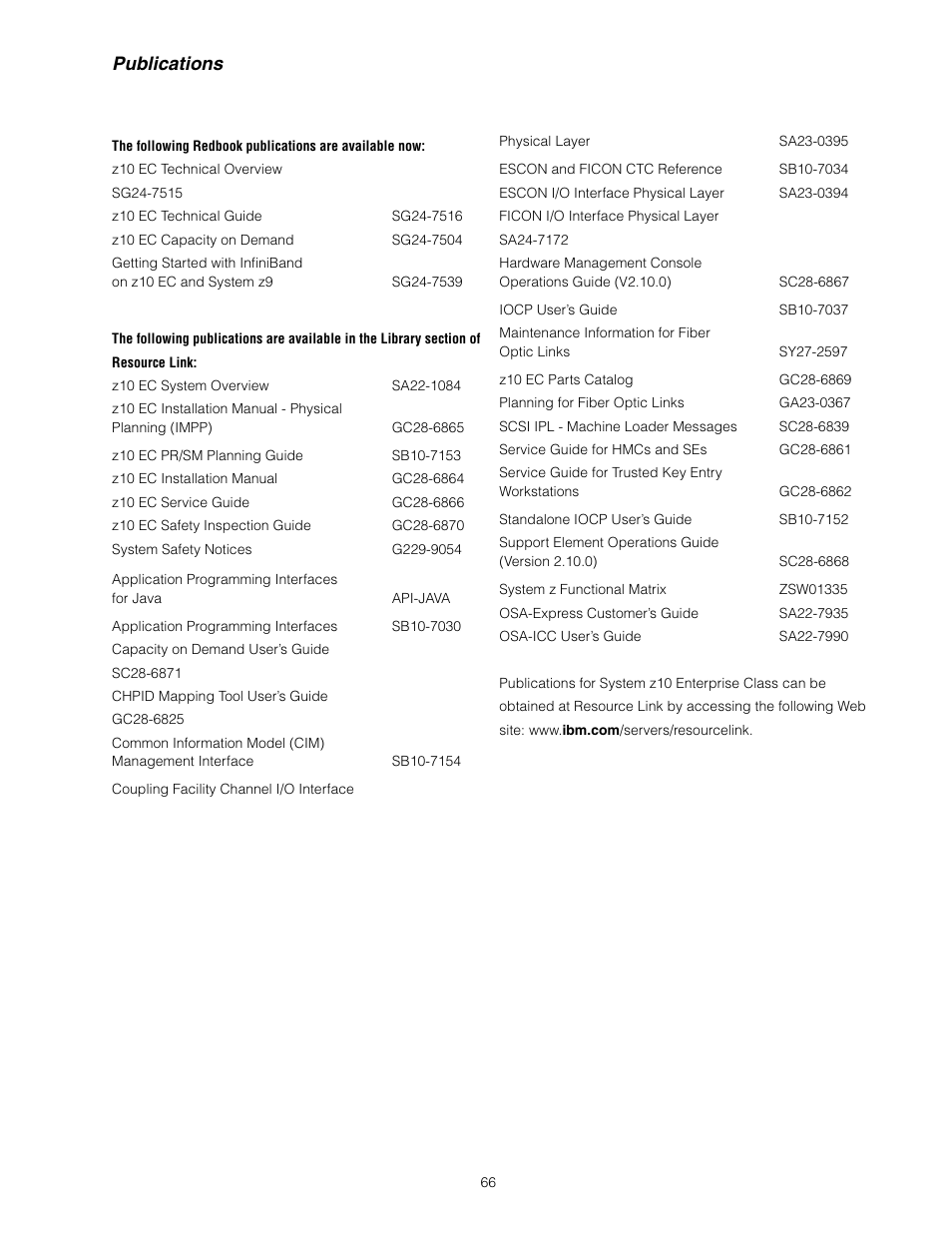 Publications | IBM Z10 EC User Manual | Page 66 / 67