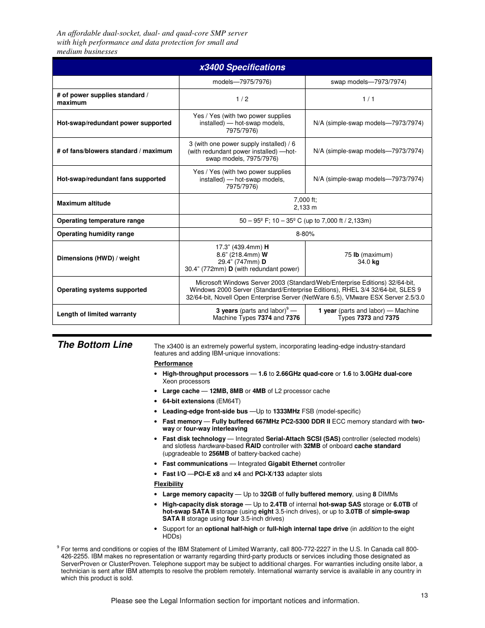 The bottom line, X3400 specifications | IBM System x3400 User Manual | Page 13 / 15