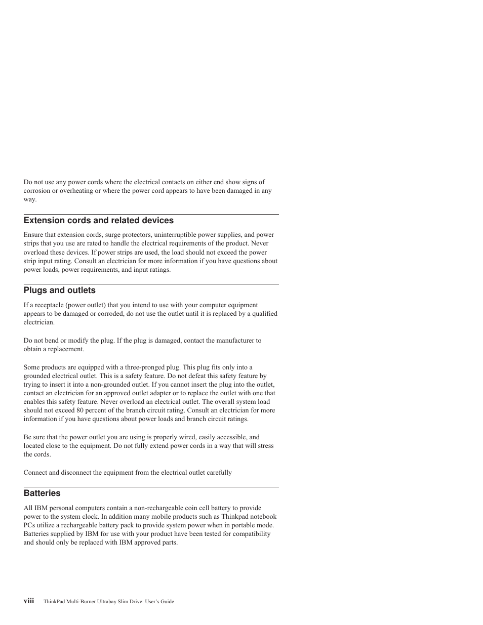 Extension cords and related devices, Plugs and outlets, Batteries | Extension, Cords, Related, Devices, Viii, Plugs, Outlets | IBM ThinkPad 73P3297 User Manual | Page 10 / 66