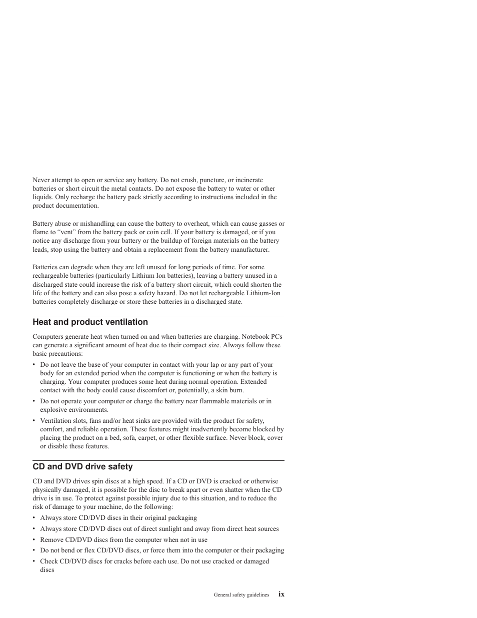 Heat and product ventilation, Cd and dvd drive safety, Heat | Product, Ventilation, Drive, Safety | IBM ThinkPad 73P3297 User Manual | Page 11 / 66