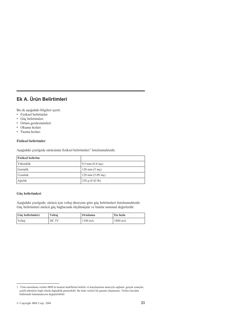 Ek a. ürün belirtimleri, Ürün, Belirtimleri | IBM ThinkPad 73P3297 User Manual | Page 35 / 66