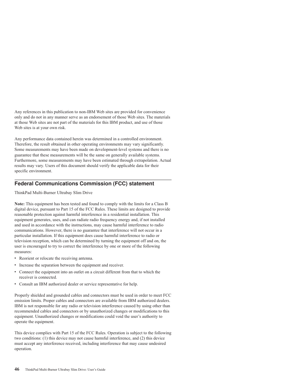 Federal communications commission (fcc) statement, Federal, Communications | Commission, Fcc), Statement | IBM ThinkPad 73P3297 User Manual | Page 60 / 66