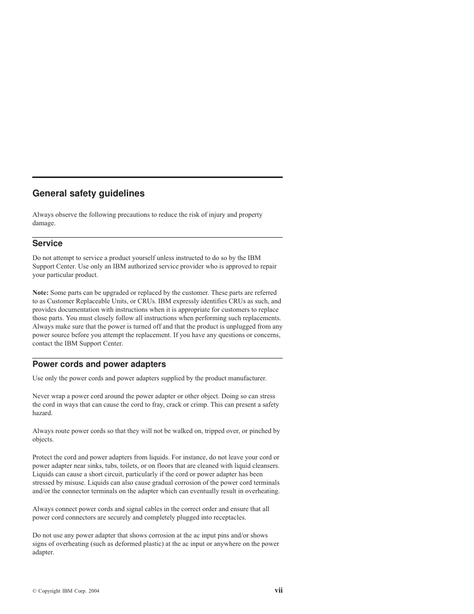 General safety guidelines, Service, Power cords and power adapters | General, Safety, Guidelines, Power, Cords, Adapters | IBM ThinkPad 73P3297 User Manual | Page 9 / 66