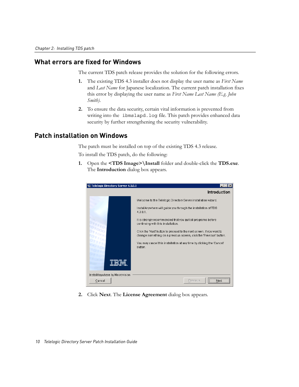 What errors are fixed for windows, Patch installation on windows | IBM Telelogic Directory Server User Manual | Page 14 / 26