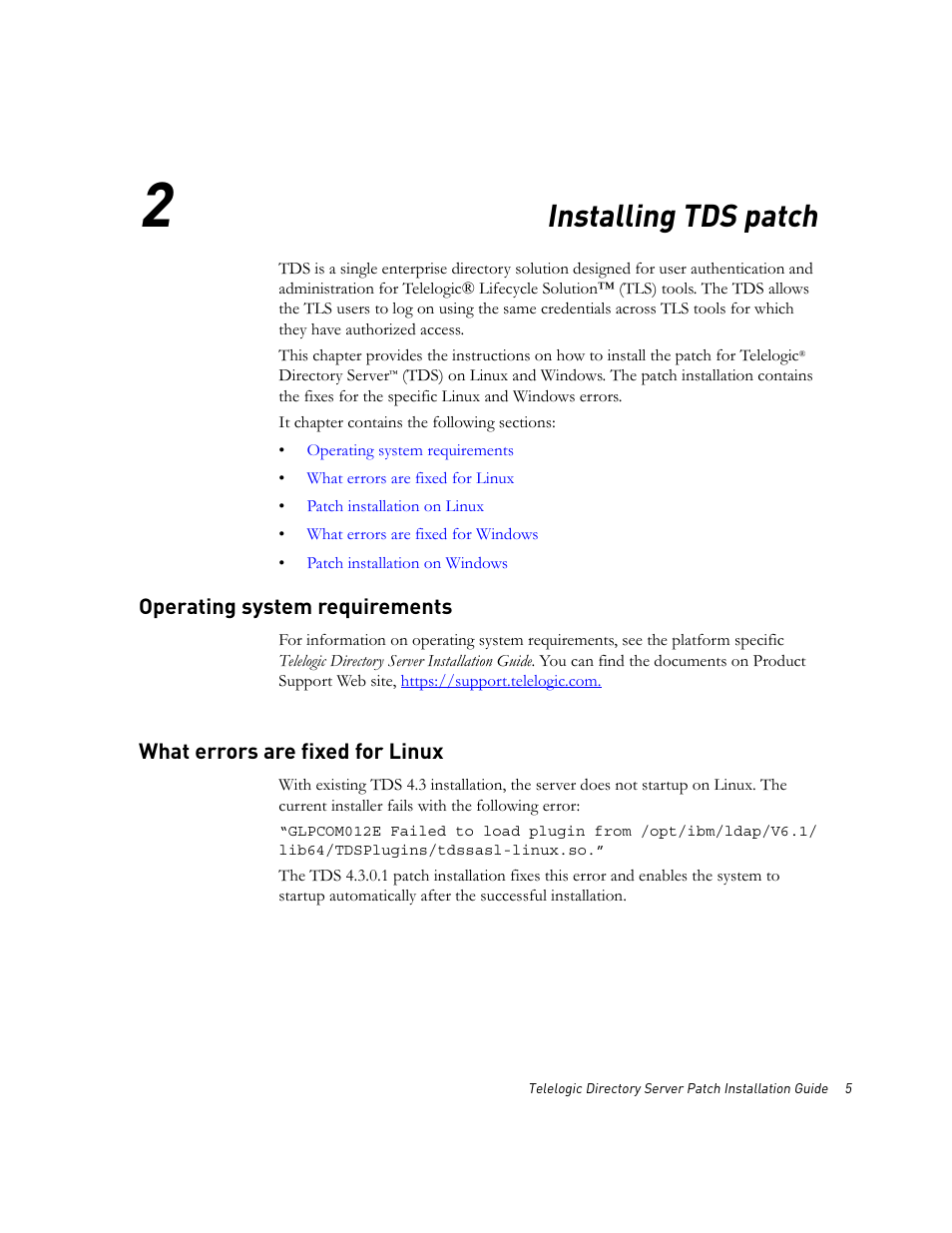 Installing tds patch, Operating system requirements, What errors are fixed for linux | Installing tds patch 5 | IBM Telelogic Directory Server User Manual | Page 9 / 26