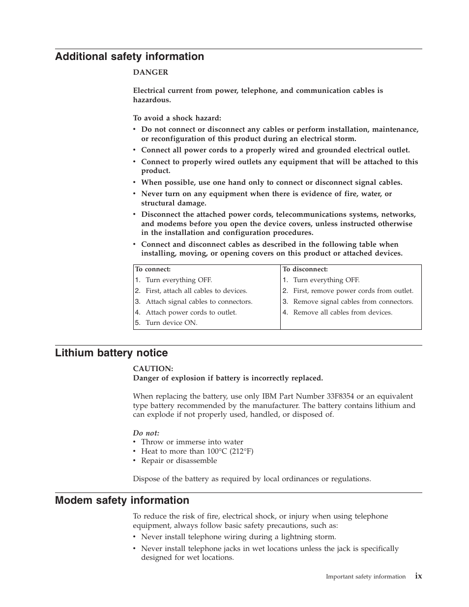 Additional safety information, Lithium battery notice, Modem safety information | Additional, Safety, Information, Lithium, Battery, Notice, Modem | IBM THINKCENTRE 8086 User Manual | Page 11 / 64