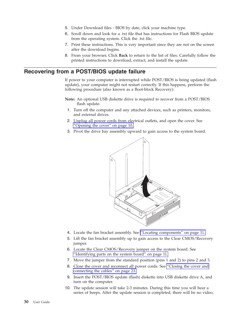 Recovering from a post/bios update failure, Recovering, From | Post/bios, Update, Failure | IBM THINKCENTRE 8086 User Manual | Page 44 / 64