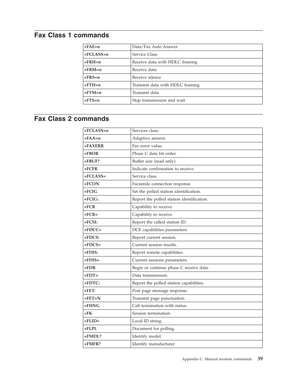 Fax class 1 commands, Fax class 2 commands, Class | Commands | IBM THINKCENTRE 8086 User Manual | Page 53 / 64