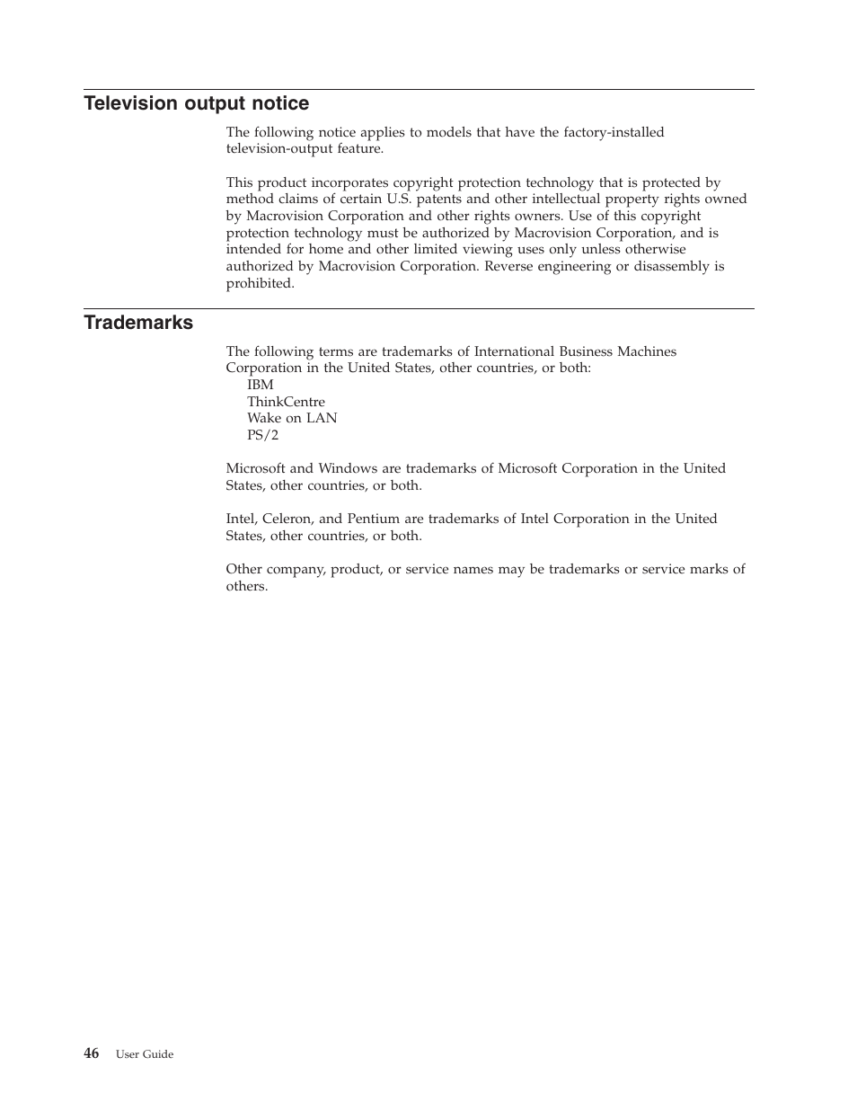Television output notice, Trademarks, Television | Output, Notice | IBM THINKCENTRE 8086 User Manual | Page 60 / 64
