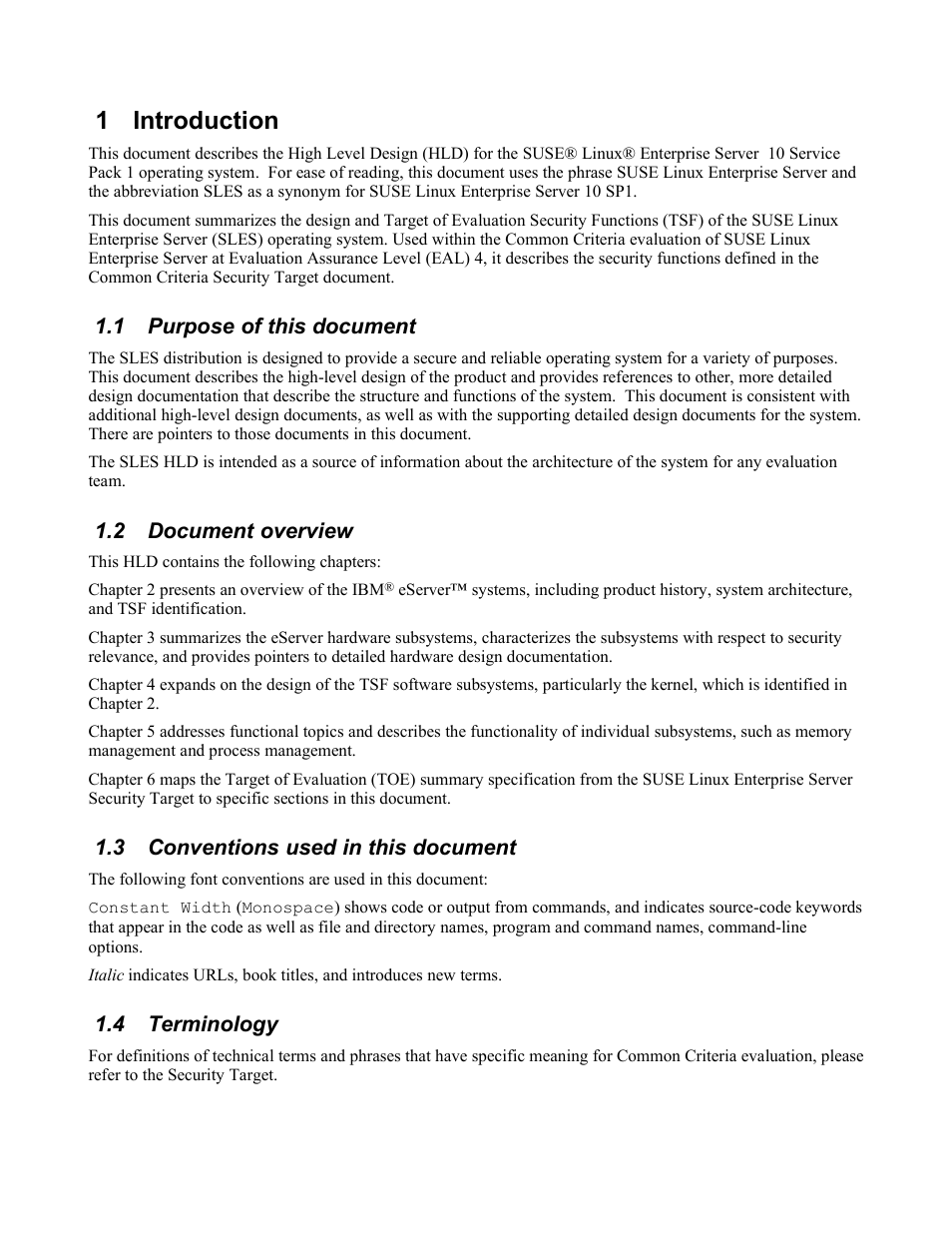 1 introduction, 1 purpose of this document, 2 document overview | 3 conventions used in this document, 4 terminology | IBM Novell 10 SP1 EAL4 User Manual | Page 13 / 246