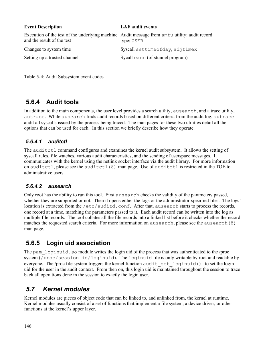 4 audit tools, 1 auditctl, 2 ausearch | 5 login uid association, 7 kernel modules | IBM Novell 10 SP1 EAL4 User Manual | Page 158 / 246