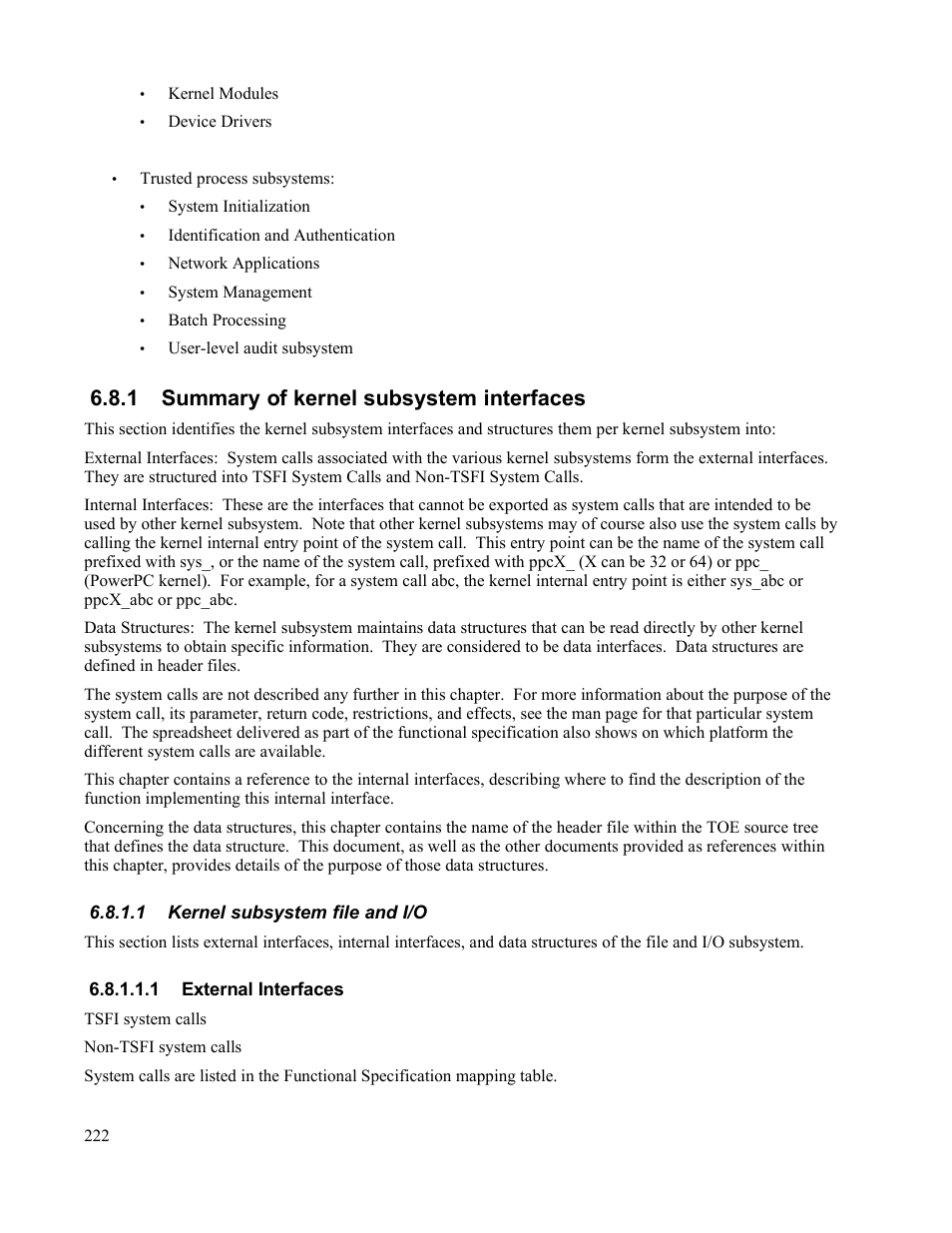 1 summary of kernel subsystem interfaces, 1 kernel subsystem file and i/o, 1 external interfaces | IBM Novell 10 SP1 EAL4 User Manual | Page 234 / 246