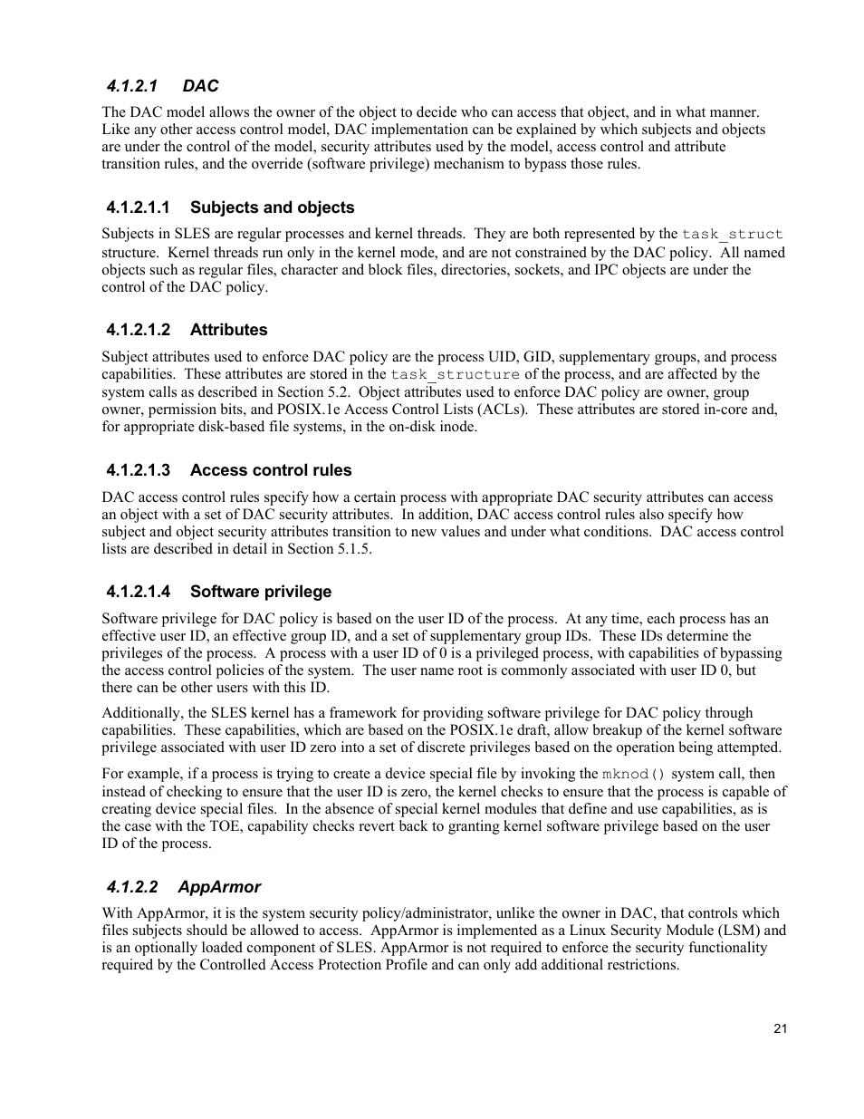 1 dac, 1 subjects and objects, 2 attributes | 3 access control rules, 4 software privilege, 2 apparmor | IBM Novell 10 SP1 EAL4 User Manual | Page 33 / 246
