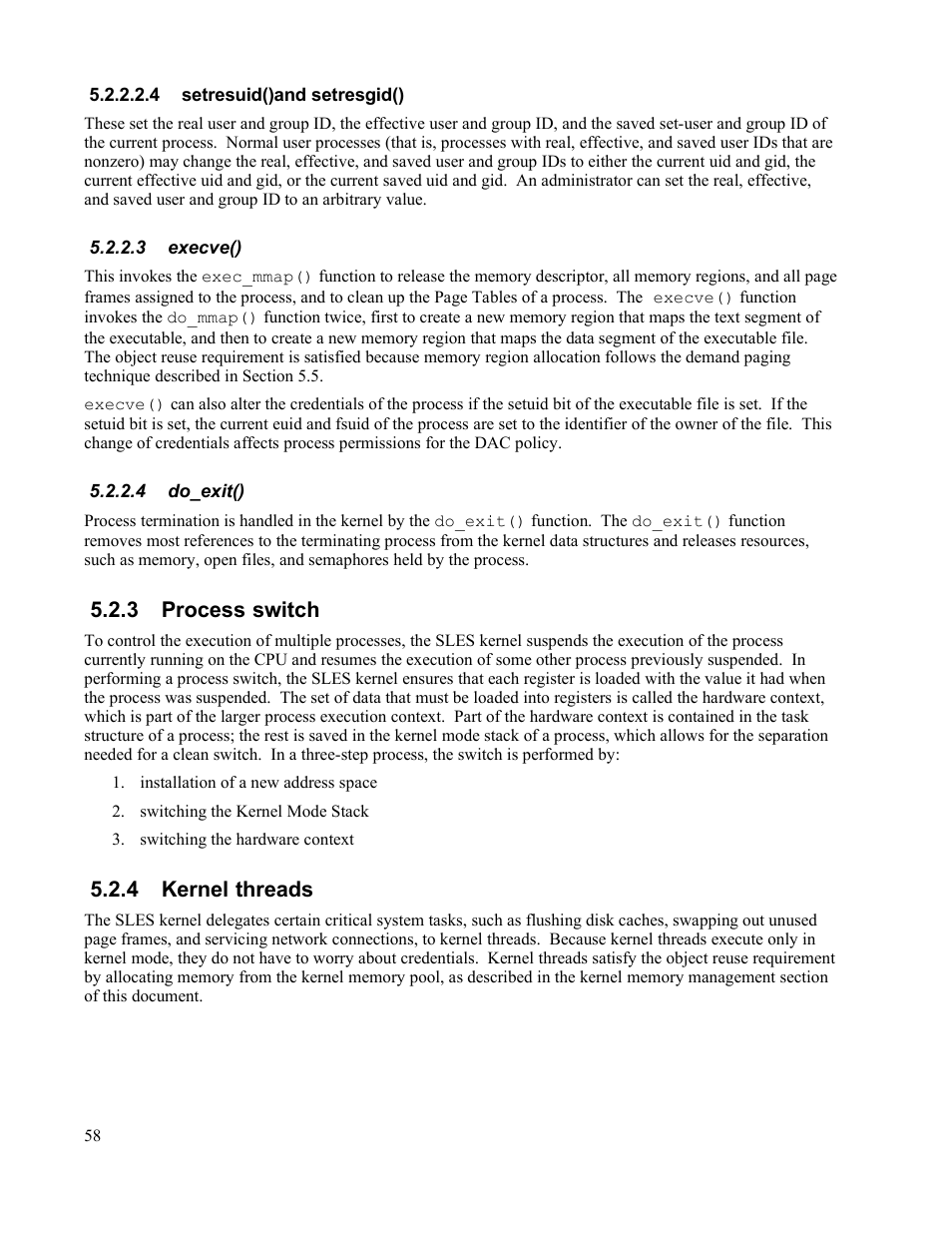 4 setresuid()and setresgid(), 3 execve(), 4 do_exit() | 3 process switch, 4 kernel threads | IBM Novell 10 SP1 EAL4 User Manual | Page 70 / 246