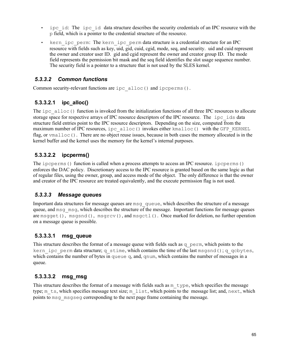 2 common functions, 1 ipc_alloc(), 2 ipcperms() | 3 message queues, 1 msg_queue, 2 msg_msg | IBM Novell 10 SP1 EAL4 User Manual | Page 77 / 246