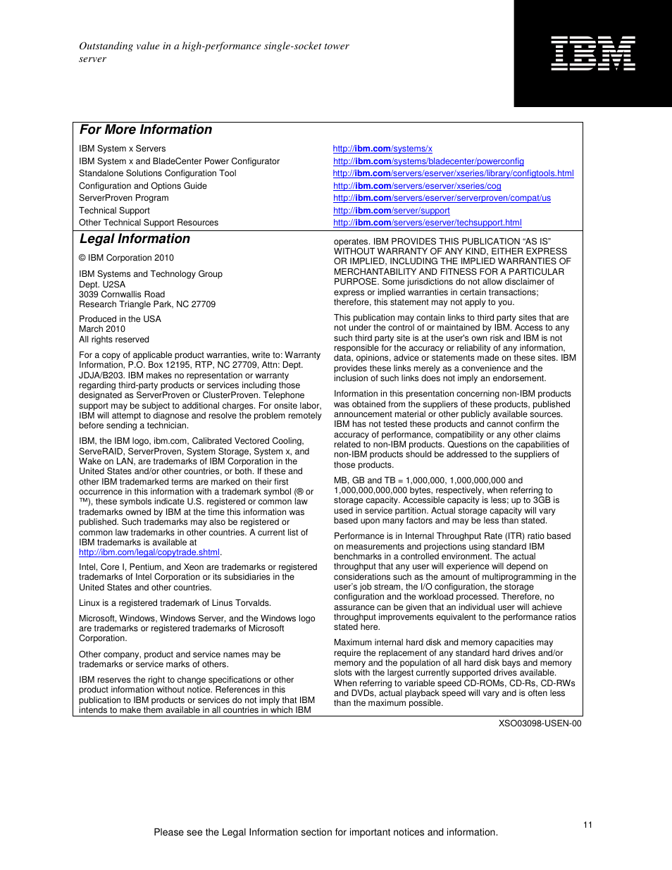 For more information, Legal information | IBM X3100 M3 User Manual | Page 11 / 11