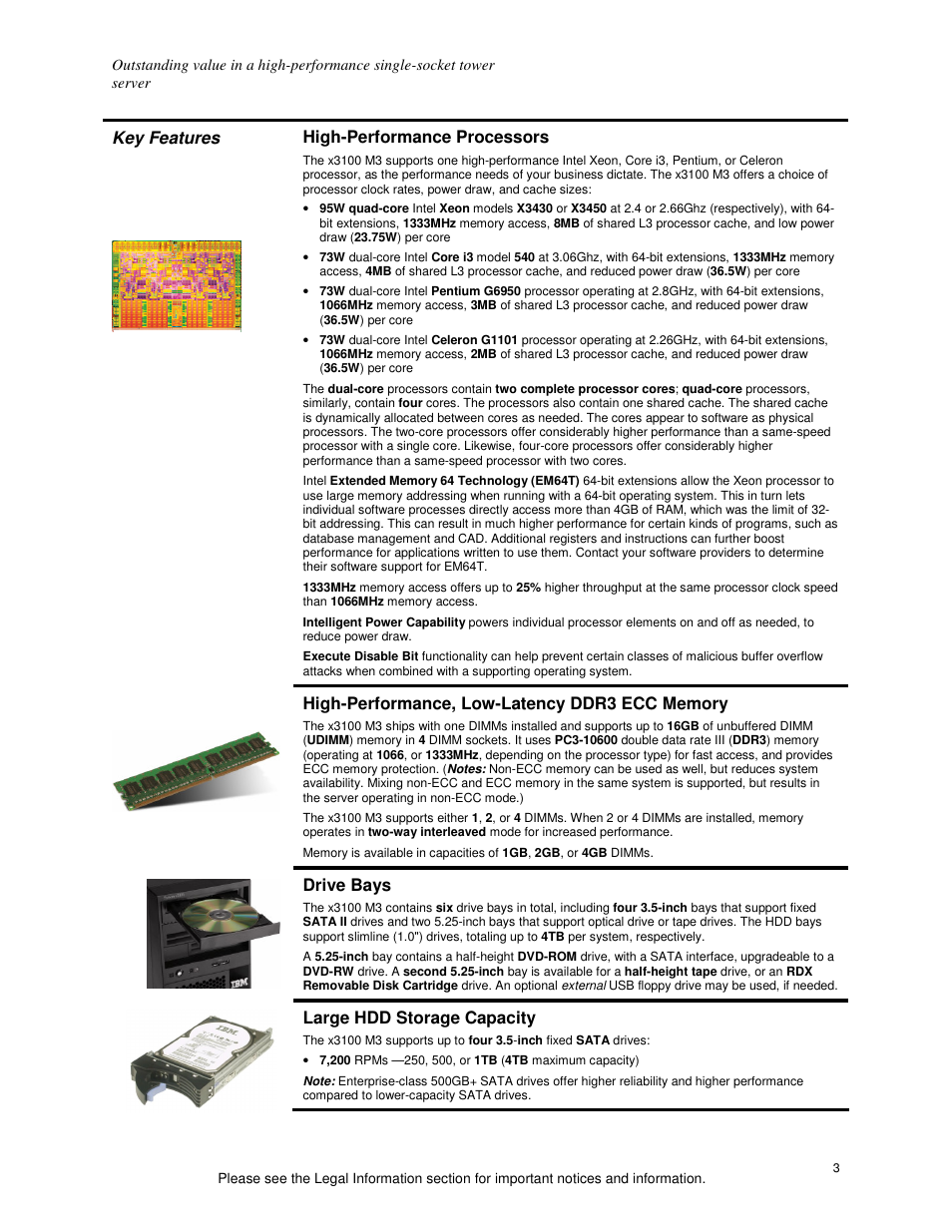 Key features high-performance processors, Drive bays, Large hdd storage capacity | IBM X3100 M3 User Manual | Page 3 / 11
