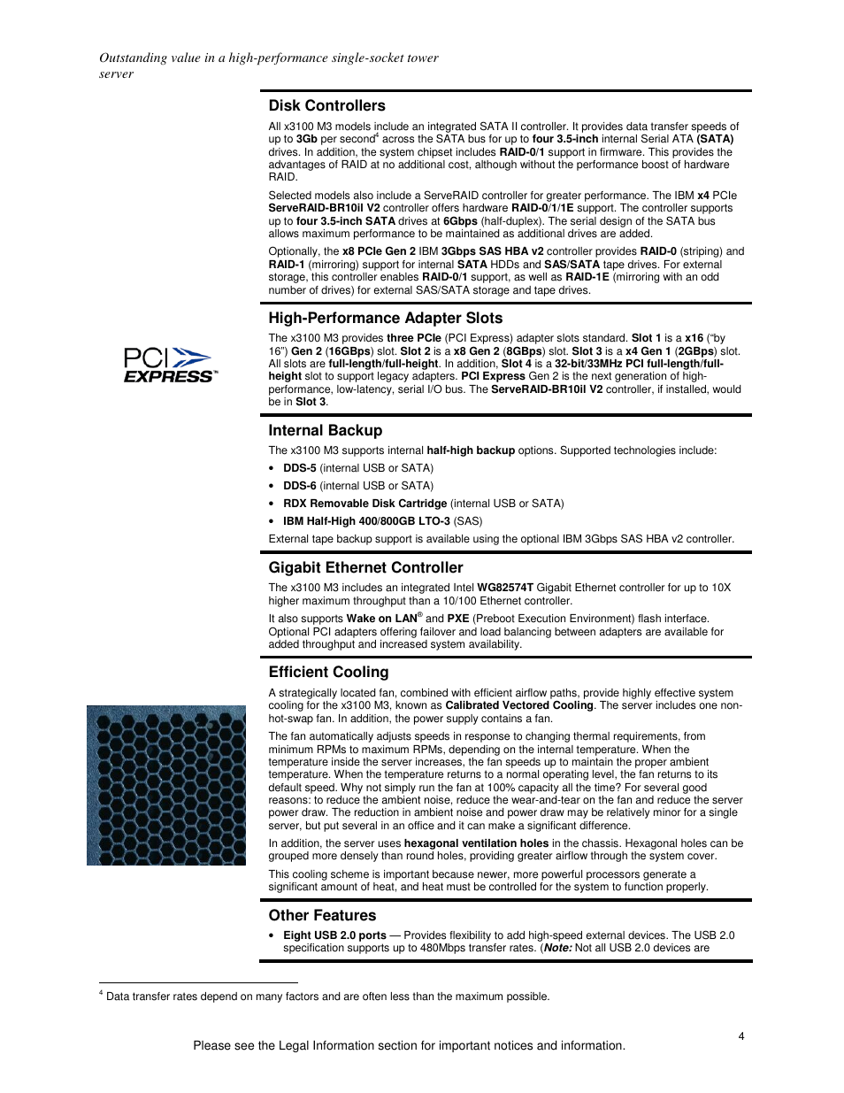 Disk controllers, High-performance adapter slots, Internal backup | Gigabit ethernet controller, Efficient cooling, Other features | IBM X3100 M3 User Manual | Page 4 / 11