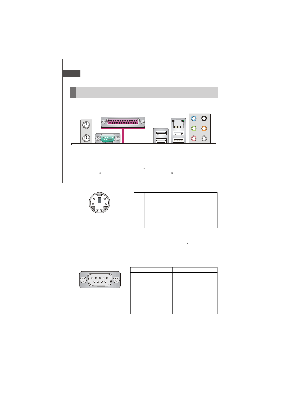 Back panel, Mouse/keyboard connector, Serial port connector: com port | The back panel provides the following connectors | IBM MS-7236 (V2.X) Mainboard G52-72361X2 User Manual | Page 26 / 85