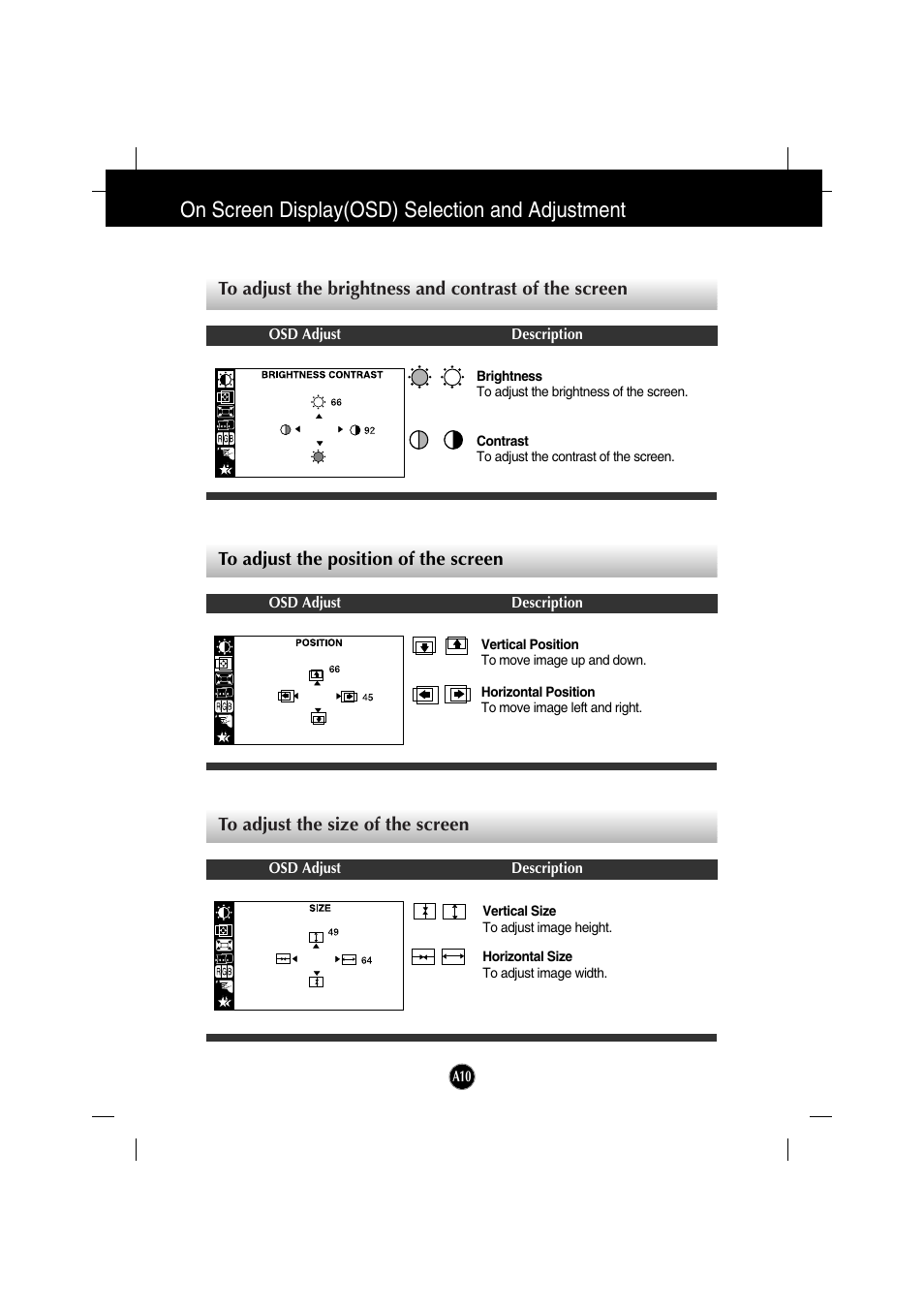 To adjust the position of the screen, To adjust the size of the screen, On screen display(osd) selection and adjustment | IBM 6517-6LN User Manual | Page 13 / 24