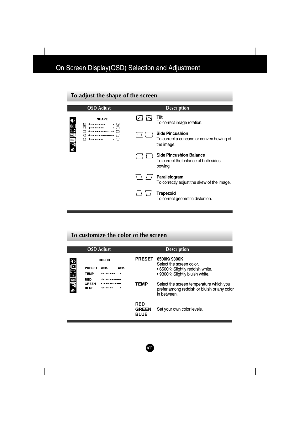 To adjust the shape of the screen, To customize the color of the screen, On screen display(osd) selection and adjustment | IBM 6517-6LN User Manual | Page 14 / 24