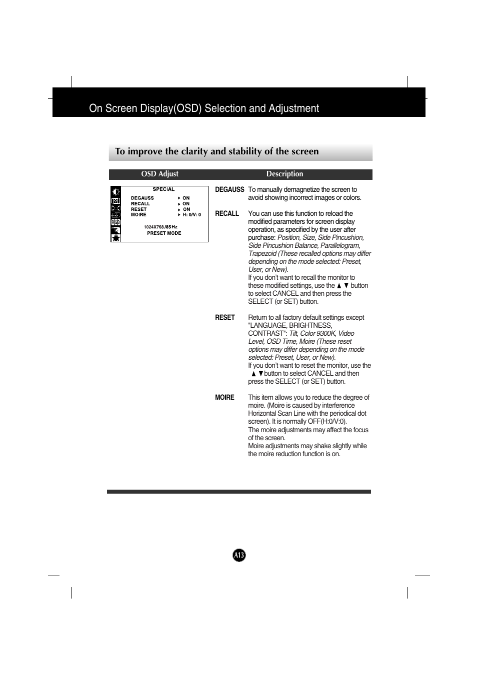 To improve the clarity and stability of the screen, On screen display(osd) selection and adjustment | IBM 6517-6LN User Manual | Page 16 / 24