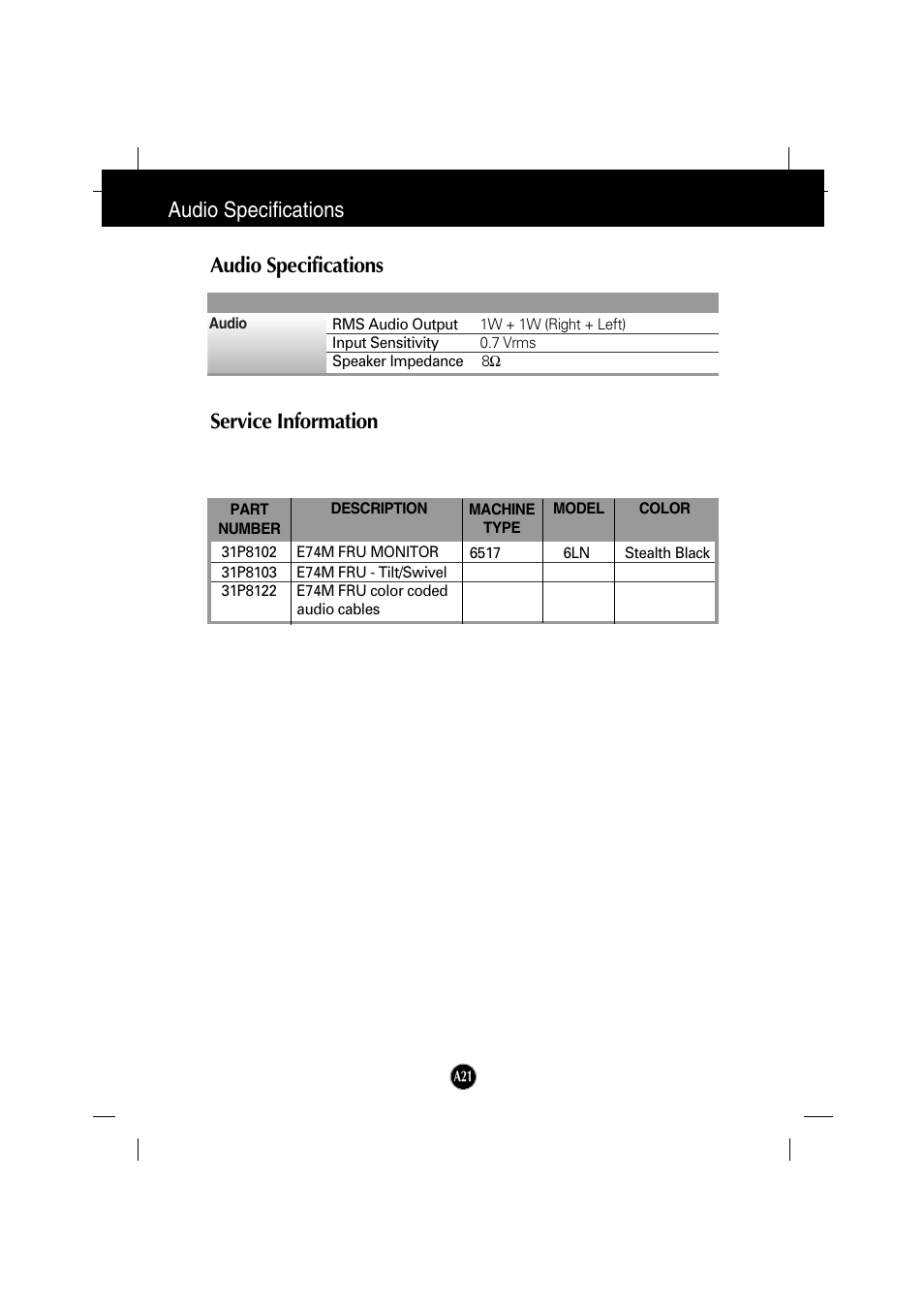 Audio specifications, Service information | IBM 6517-6LN User Manual | Page 24 / 24