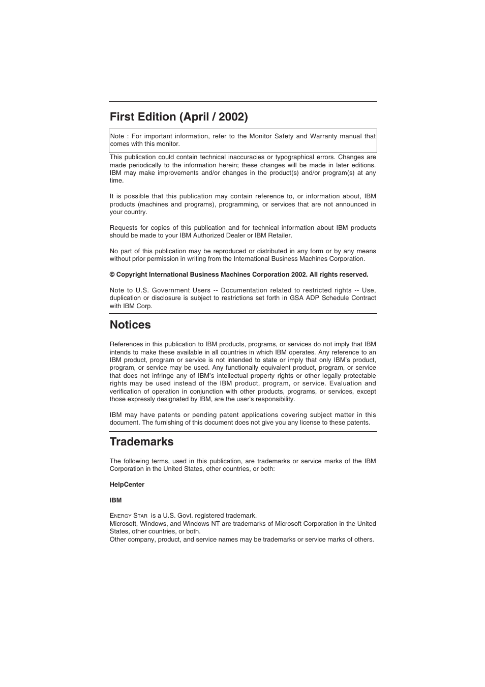 First edition (april / 2002), Notices, Trademarks | IBM 6517-6LN User Manual | Page 3 / 24