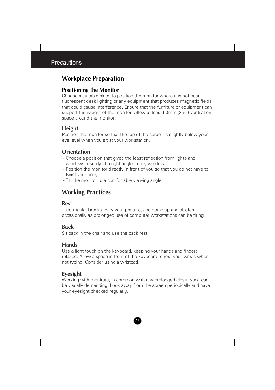 Precautions, Workplace preparation, Positioning the monitor | Height, Orientation, Working practices, Rest, Back, Hands, Eyesight | IBM 6517-6LN User Manual | Page 5 / 24