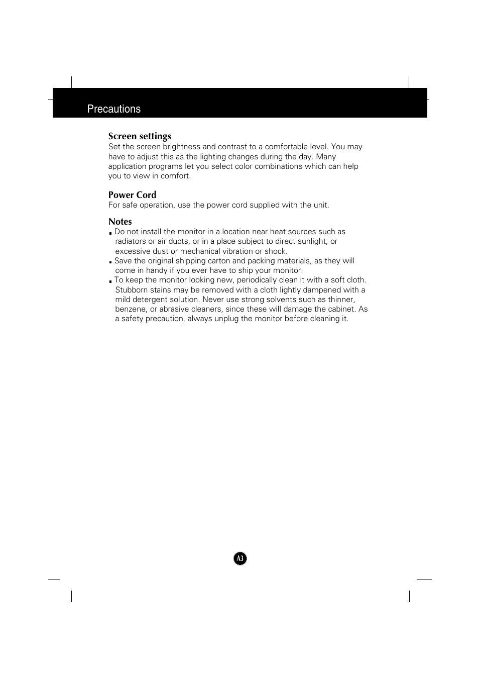 Screen settings, Power cord, Notes | Precautions | IBM 6517-6LN User Manual | Page 6 / 24