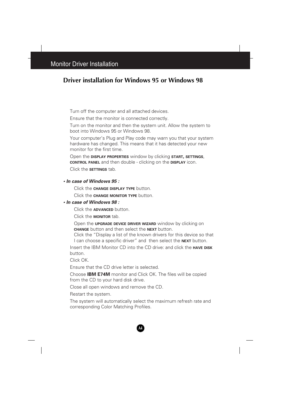 Monitor driver installation, Driver installation for windows 95 or windows 98 | IBM 6517-6LN User Manual | Page 7 / 24