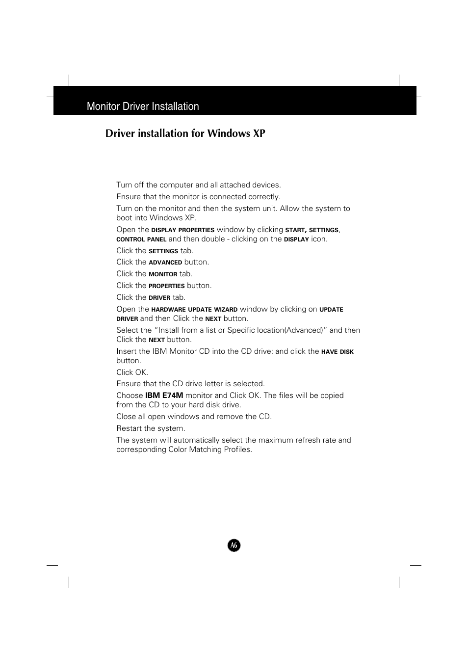 Driver installation for windows xp, Monitor driver installation | IBM 6517-6LN User Manual | Page 9 / 24