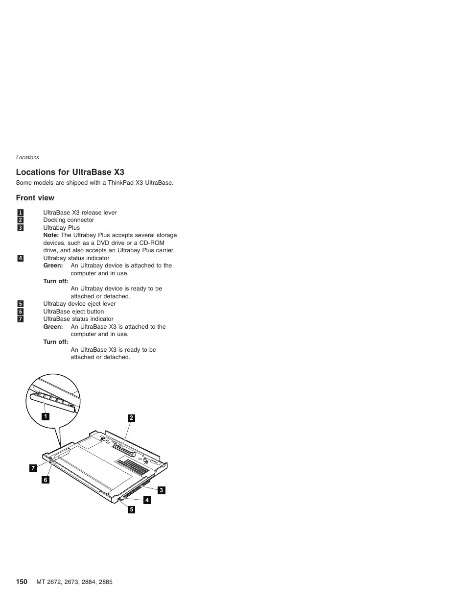 Locations for ultrabase x3, Front view, Locations | Ultrabase, Front, View | IBM X32 User Manual | Page 154 / 196
