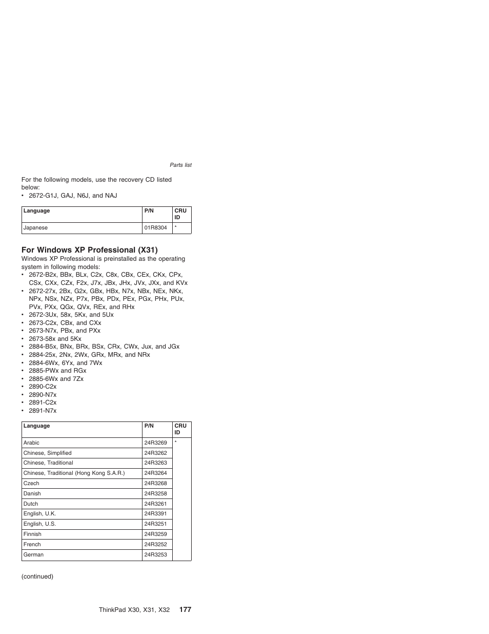 For windows xp professional (x31), Windows, Professional | X31) | IBM X32 User Manual | Page 181 / 196
