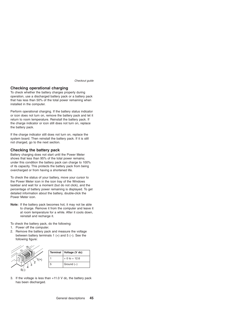 Checking operational charging, Checking the battery pack, Checking | Operational, Charging, Battery, Pack | IBM X32 User Manual | Page 49 / 196