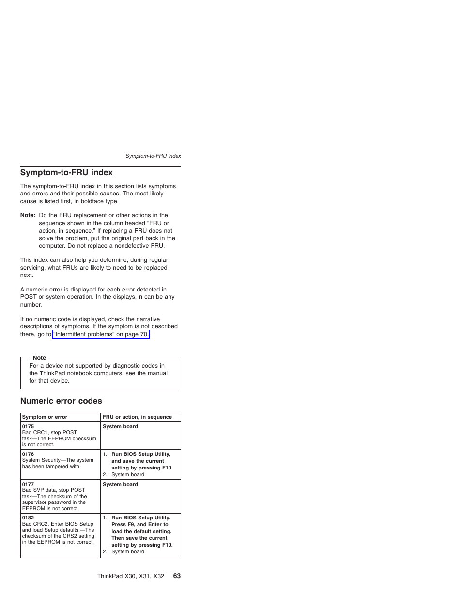 Symptom-to-fru index, Numeric error codes, Symptom-to-fru | Index, Numeric, Error, Codes | IBM X32 User Manual | Page 67 / 196
