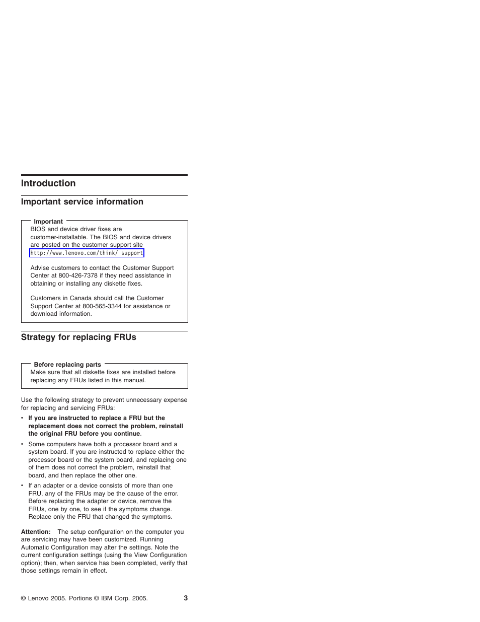 Introduction, Important service information, Strategy for replacing frus | Important, Service, Information, Strategy, Replacing, Frus | IBM X32 User Manual | Page 7 / 196
