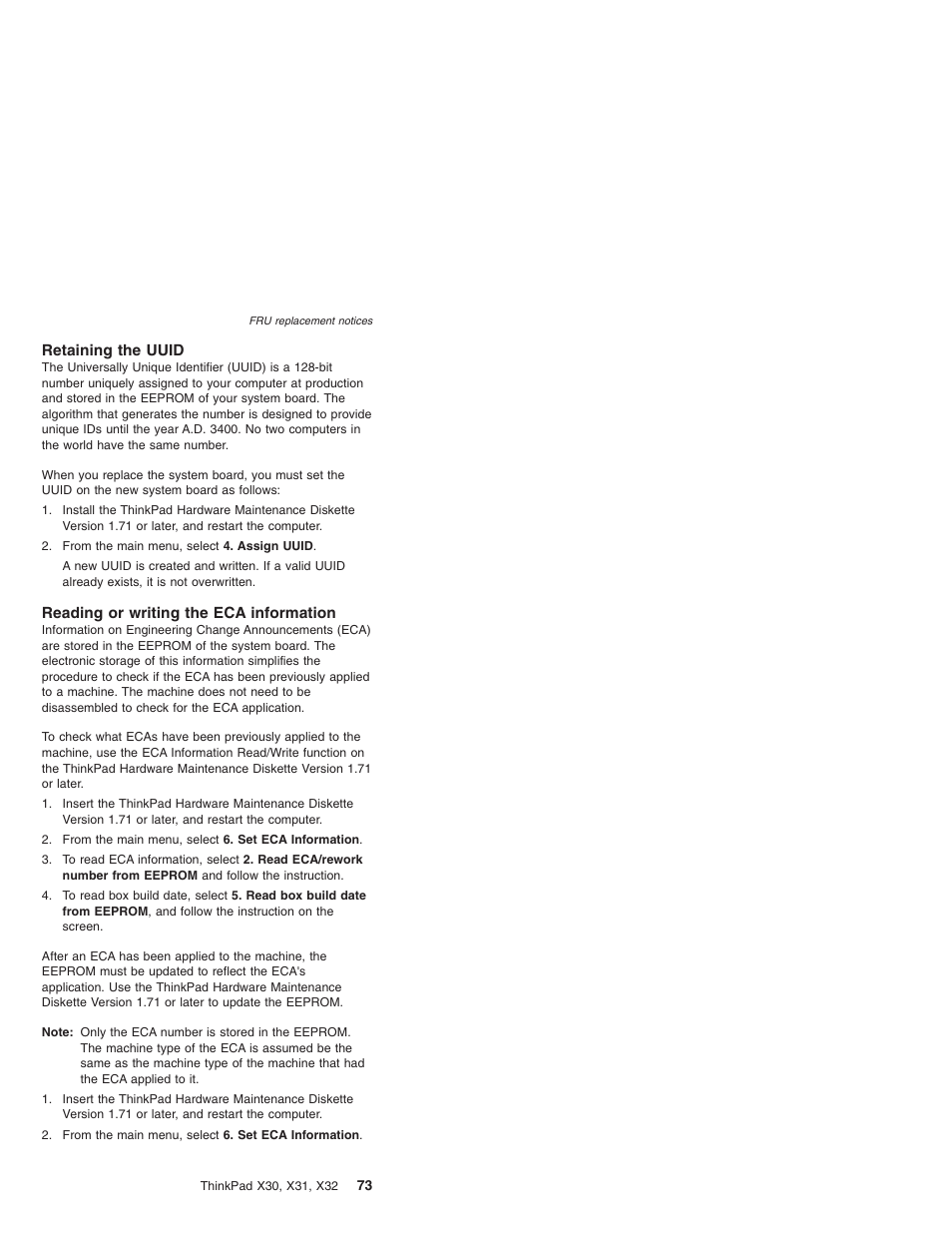 Retaining the uuid, Reading or writing the eca information, Retaining | Uuid, Reading, Writing, Information | IBM X32 User Manual | Page 77 / 196