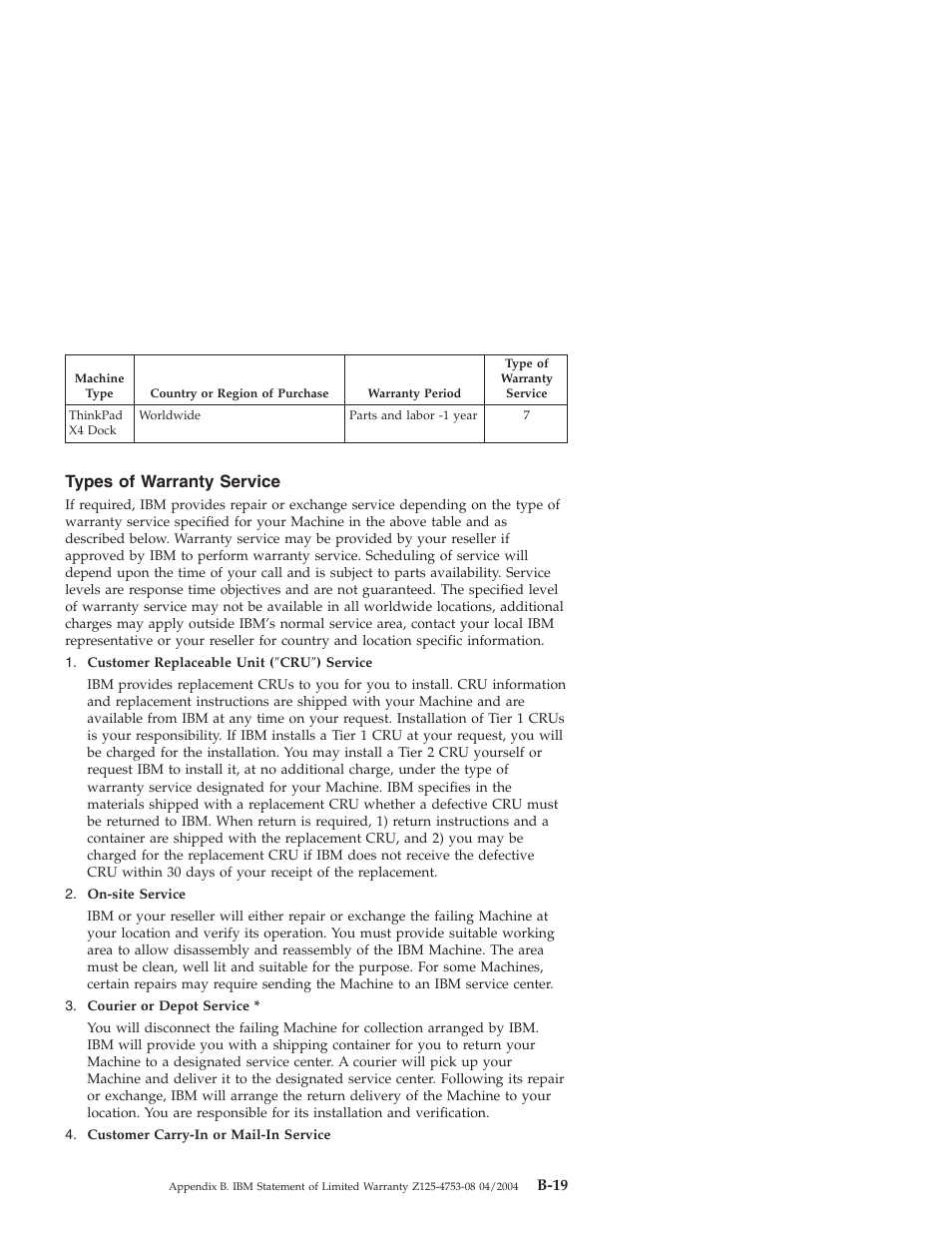 Types of warranty service, Types, Warranty | Service | IBM THINKPAD X4 User Manual | Page 151 / 164