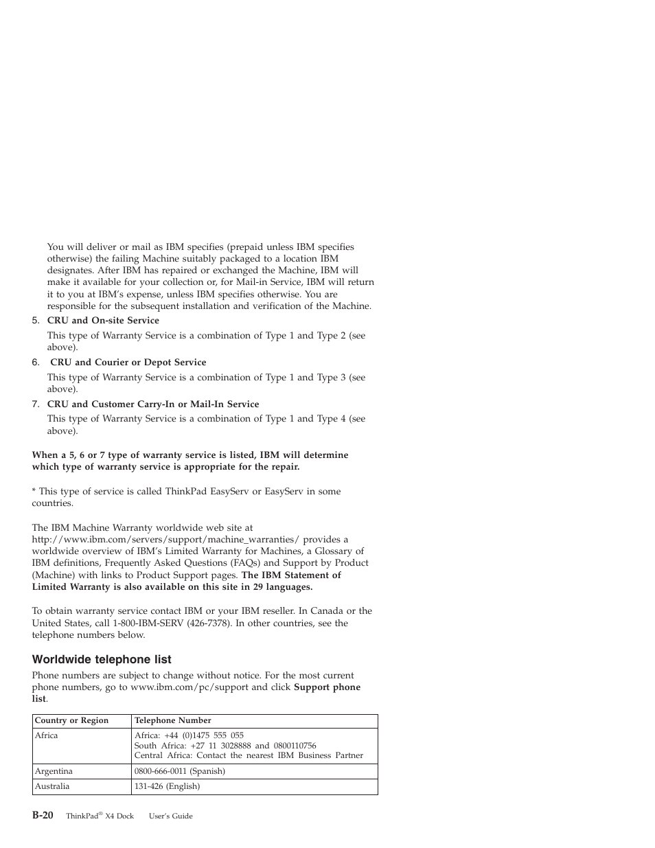 Worldwide telephone list, Worldwide, Telephone | List, B-20 | IBM THINKPAD X4 User Manual | Page 152 / 164