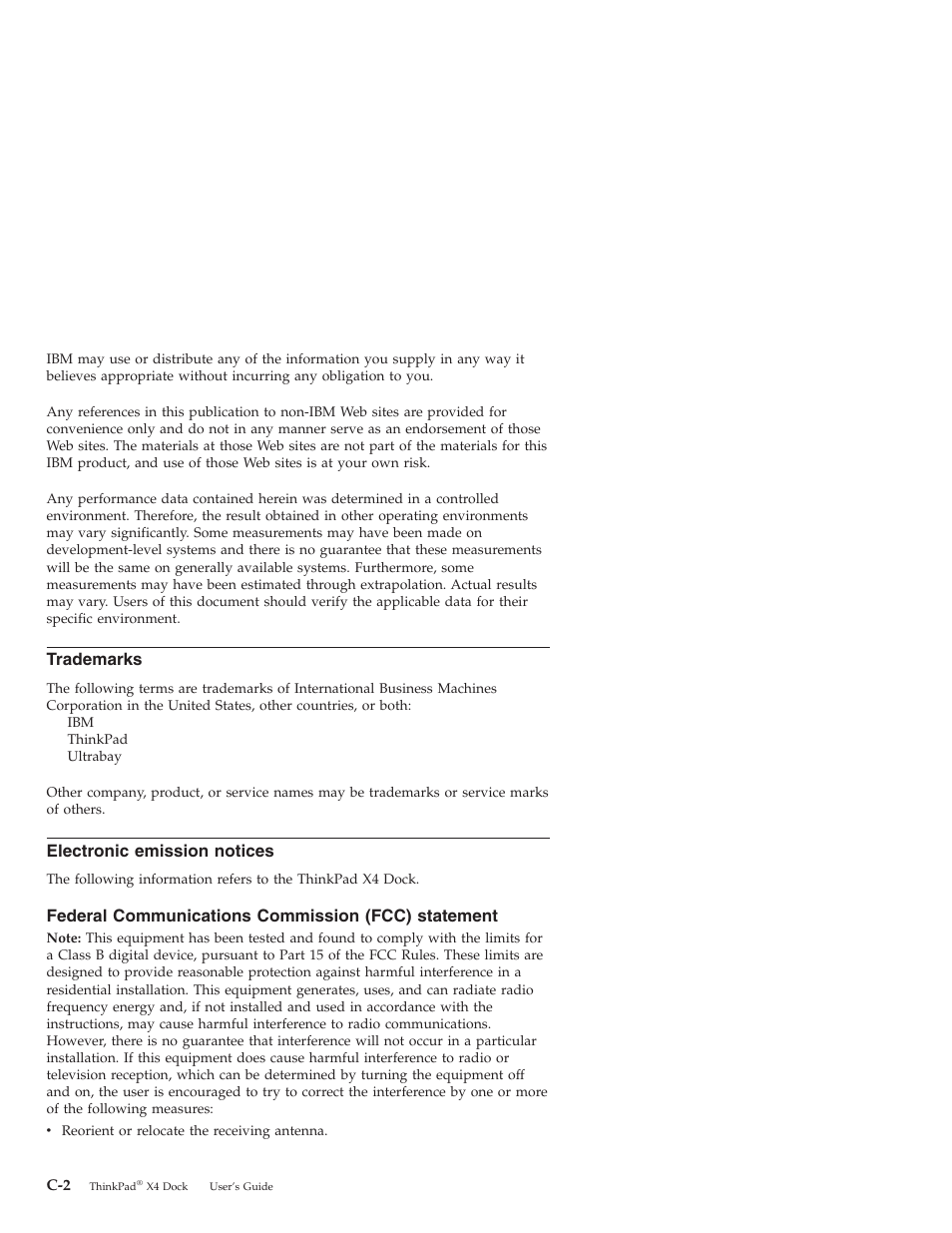 Trademarks, Electronic emission notices, Federal communications commission (fcc) statement | Electronic, Emission, Notices, Federal, Communications, Commission, Fcc) | IBM THINKPAD X4 User Manual | Page 158 / 164