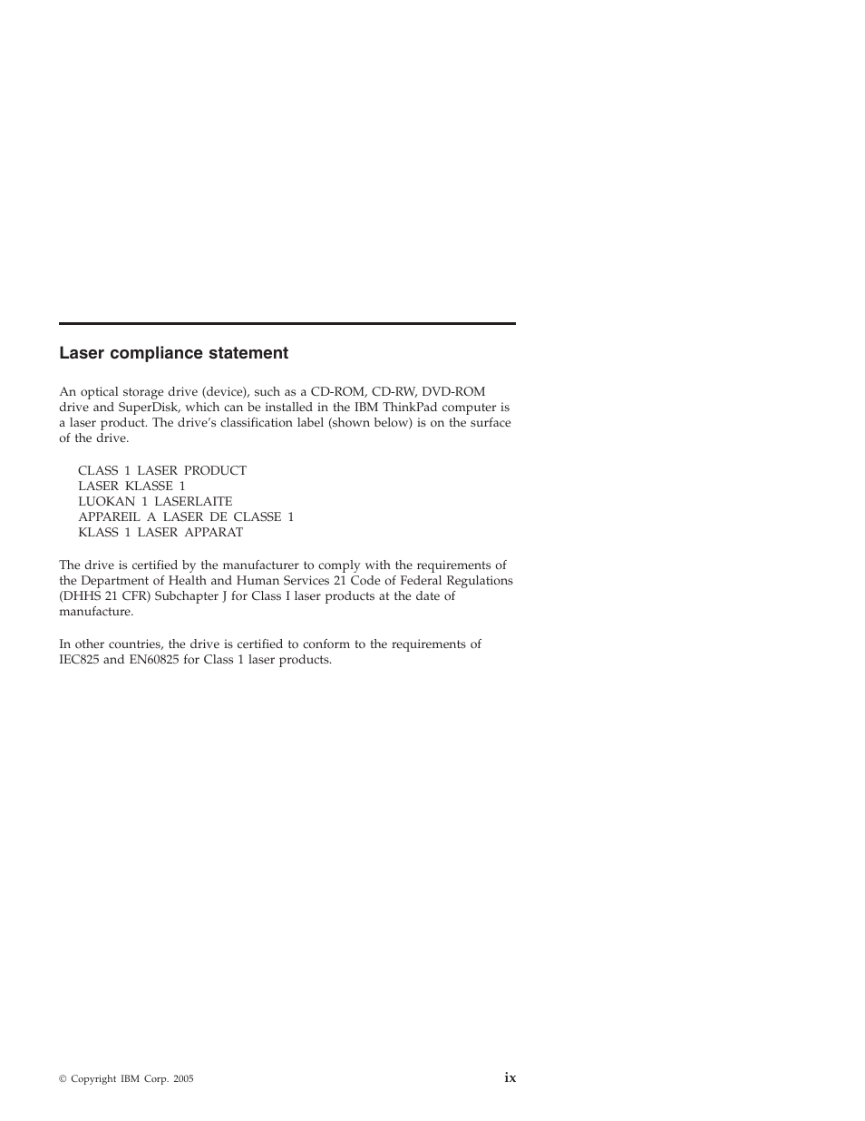 Laser, Compliance, Statement | IBM THINKPAD X4 User Manual | Page 9 / 164