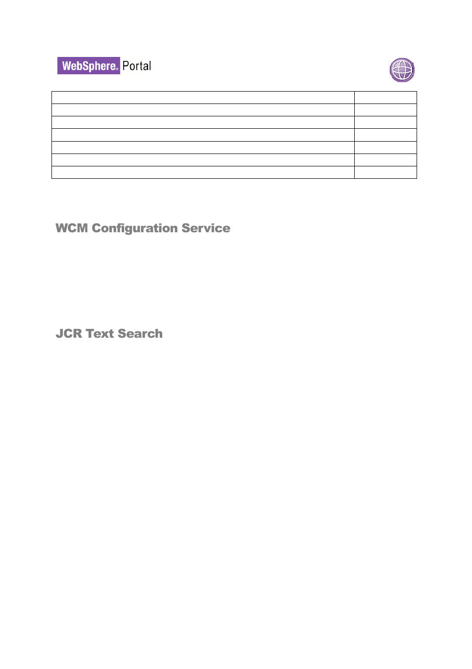 Wcm configuration service, Jcr text search | IBM WEBSPHERE 6.1.X User Manual | Page 44 / 97