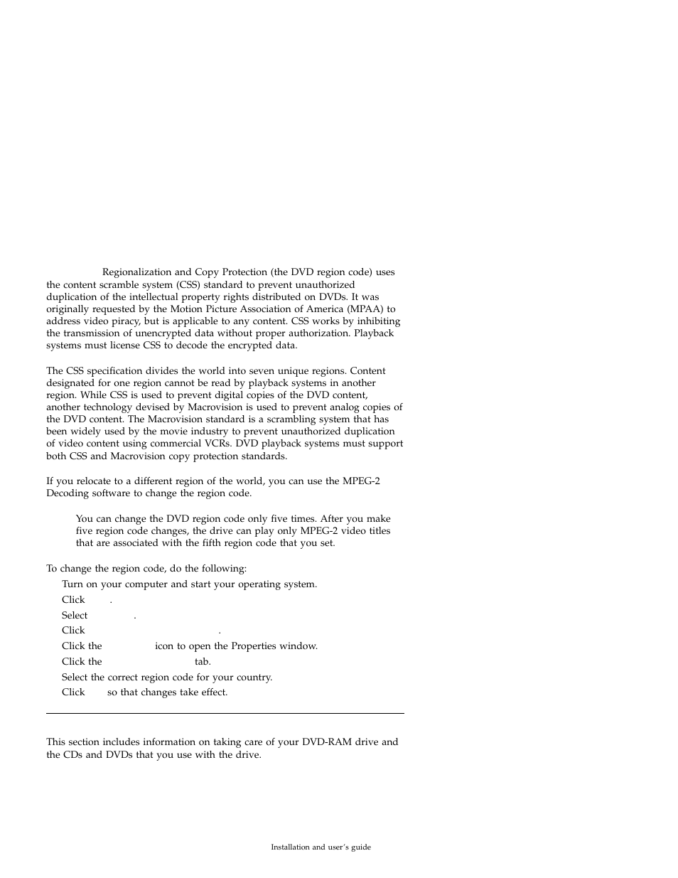 Changing the dvd region code, Care and maintenance | IBM Options 09N4153 User Manual | Page 25 / 26