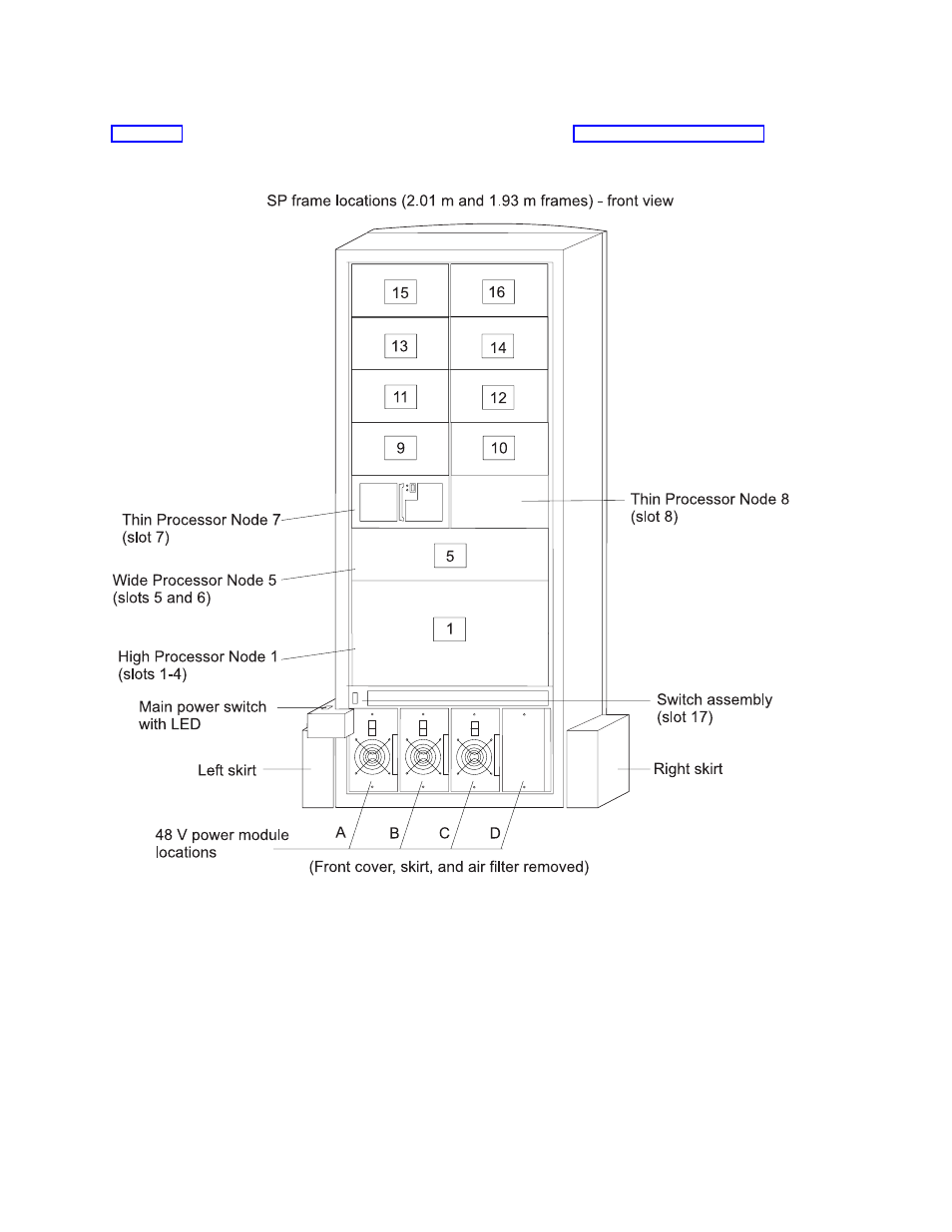 Front and rear views of rs/6000 sp frame, Front and rear views of rs/6000 sp frame -3, Front view of frame locations -3 | IBM RS/6000 SP User Manual | Page 59 / 114