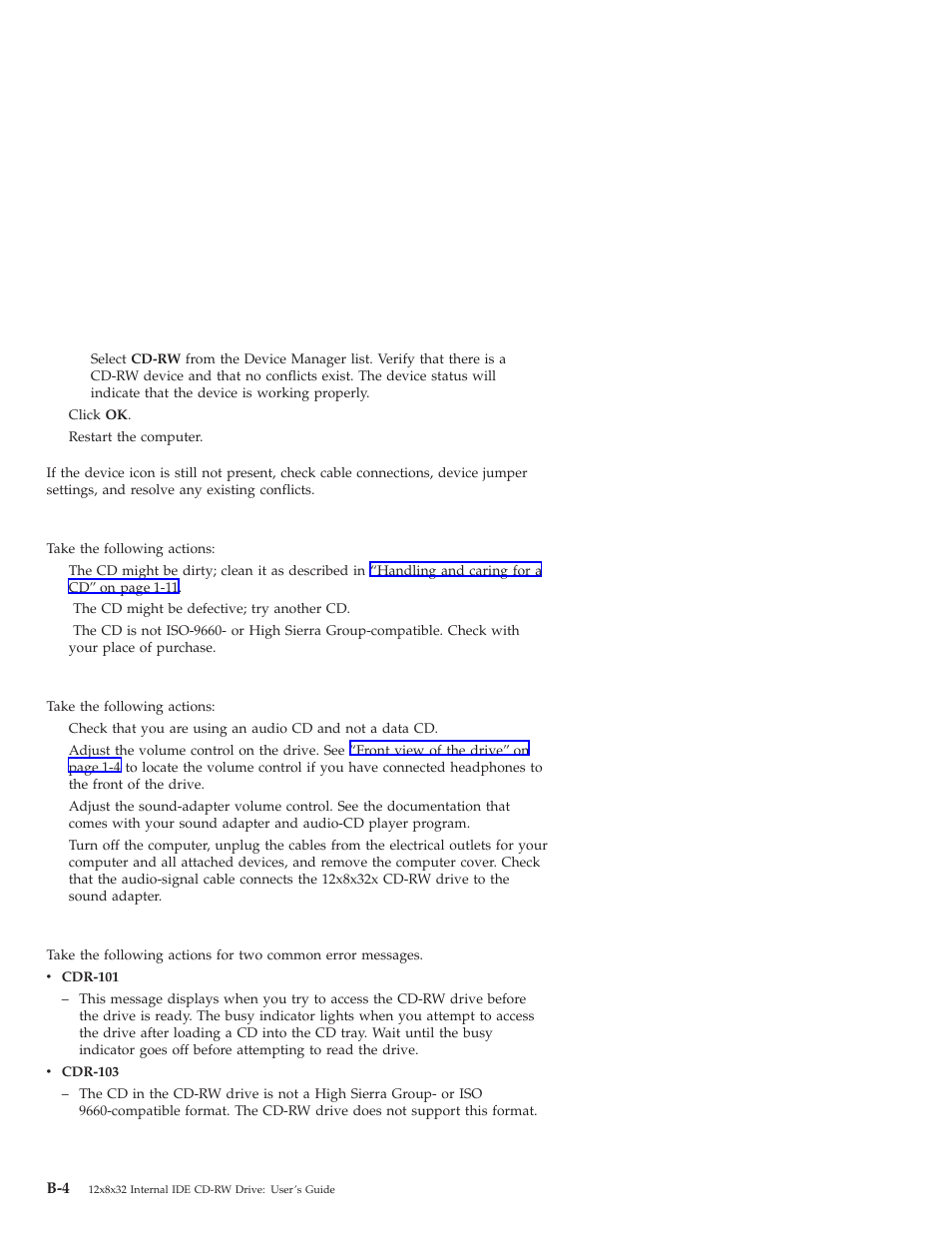 The cd cannot be read, There is no sound from the cd, Your screen displays an error message | IBM OBI34MST 10K3786 User Manual | Page 138 / 164