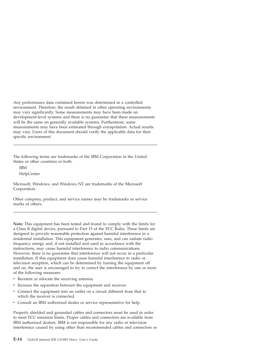 Trademarks, Federal communications commission (fcc) statement | IBM OBI34MST 10K3786 User Manual | Page 158 / 164