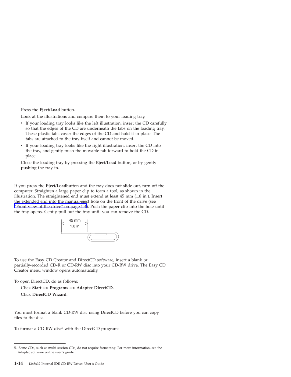 Ejecting a cd manually, Using the easy cd creator and directcd programs, Formatting cds | IBM OBI34MST 10K3786 User Manual | Page 22 / 164