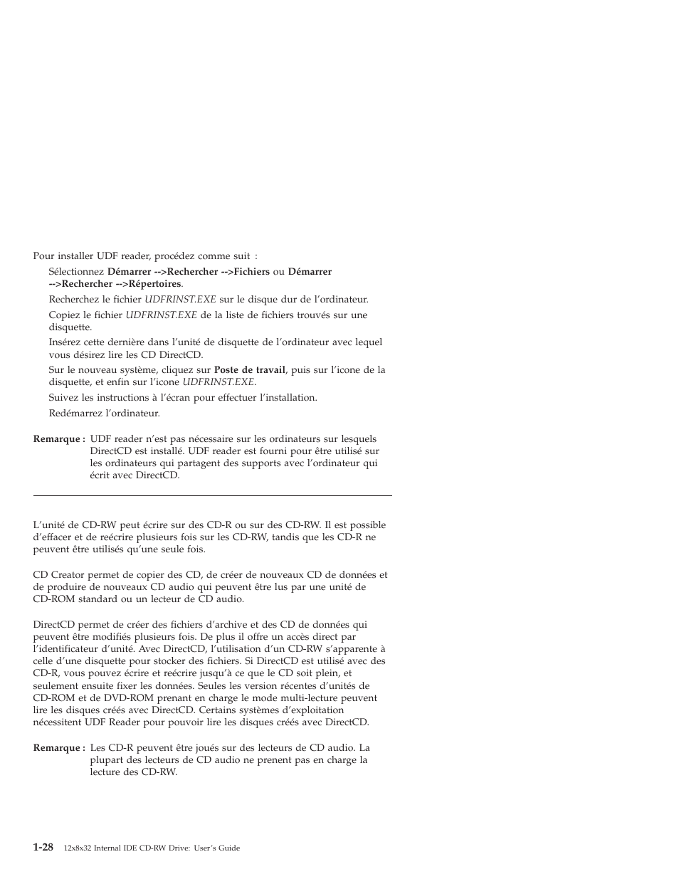 Utilisation de disques cd-r et cd-rw | IBM OBI34MST 10K3786 User Manual | Page 36 / 164